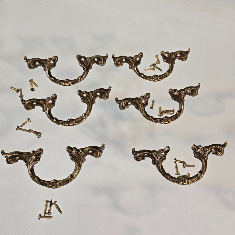 6 Vintage Brass Drawer Handle Pulls French Provincial Cabinet Hardware